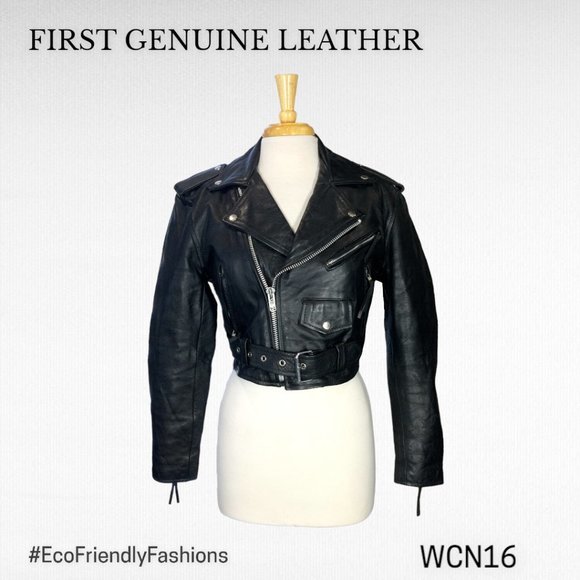 Vintage Jackets & Blazers - Vintage Women's First Genuine Leather Black Cropped Motorcycle Jacket Medium
